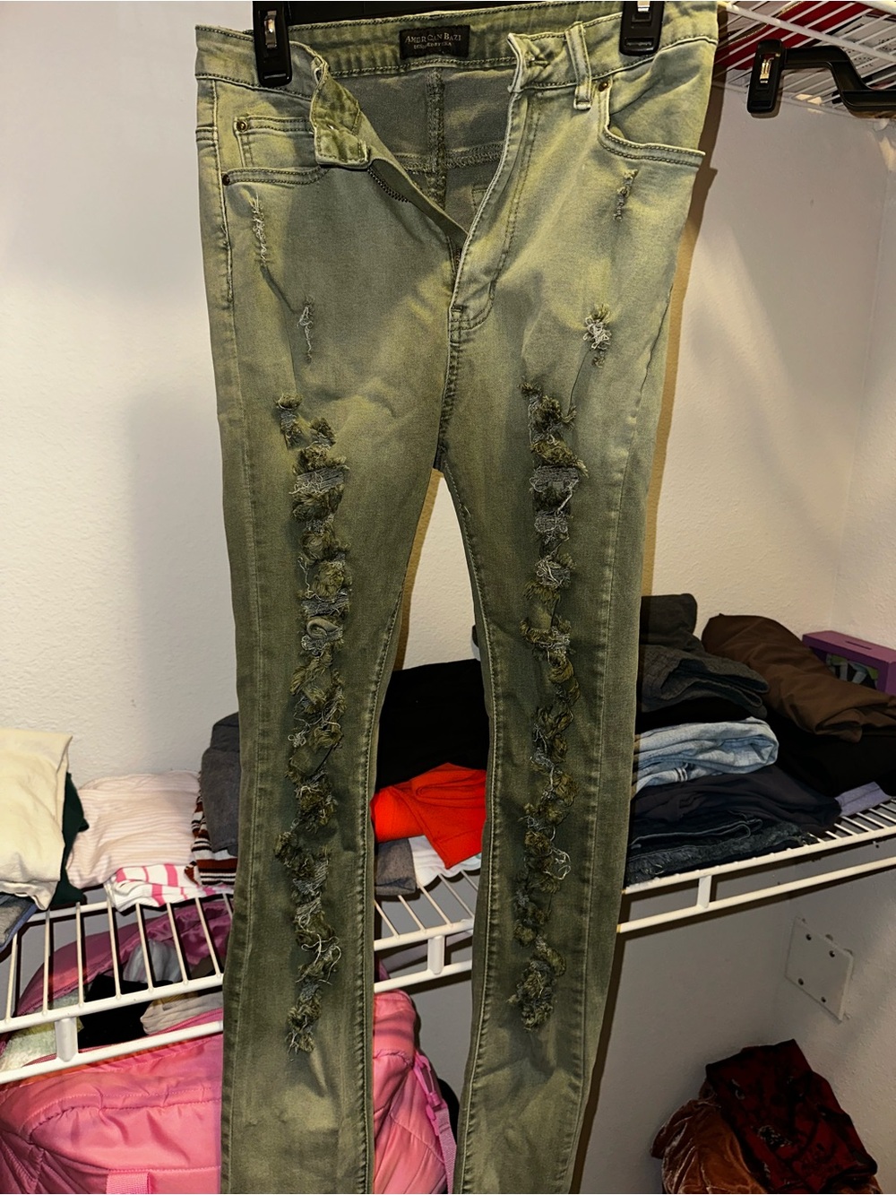 American Bazi Olive Green Distressed Skinny Jeans